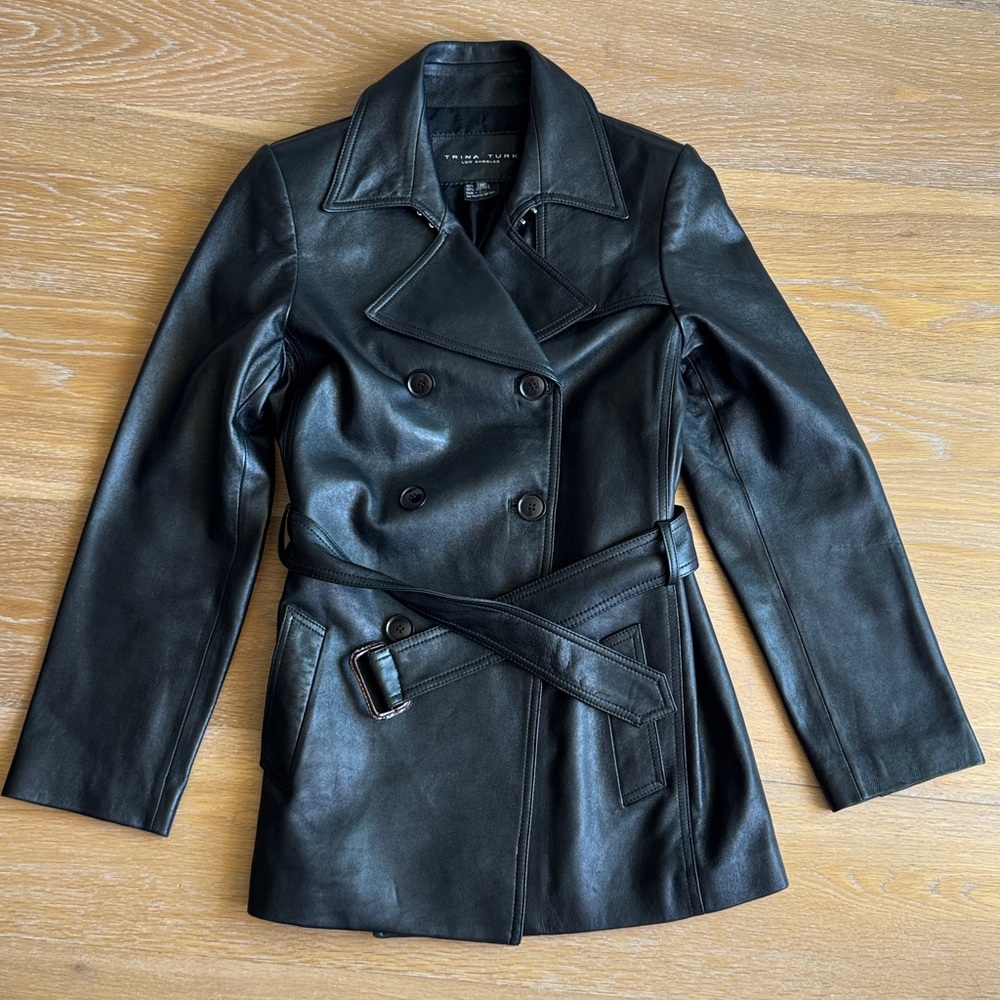 Trina Turk Black Genuine Leather Double-Breasted Belted Trench Coat
